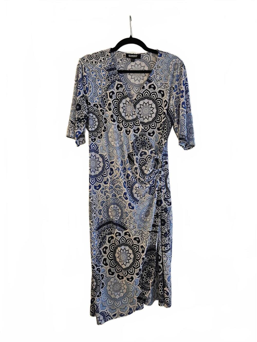 Glamour Women's Blue and Black Patterned And Textured Midi Dress Size 16
